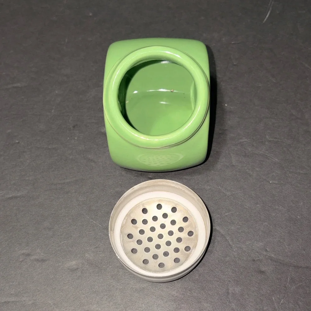 Vtg Retro Green Ceramic Slanted Spice Shaker Sugar Dispenser Metal Lid 1638444